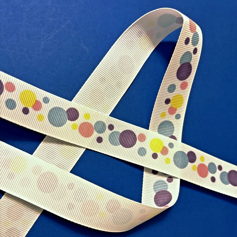 Offray Grosgrain Ribbon 7/8" White w/ Polka Dots Purple Pink Blue 100 yds Spool - Image 3 of 3