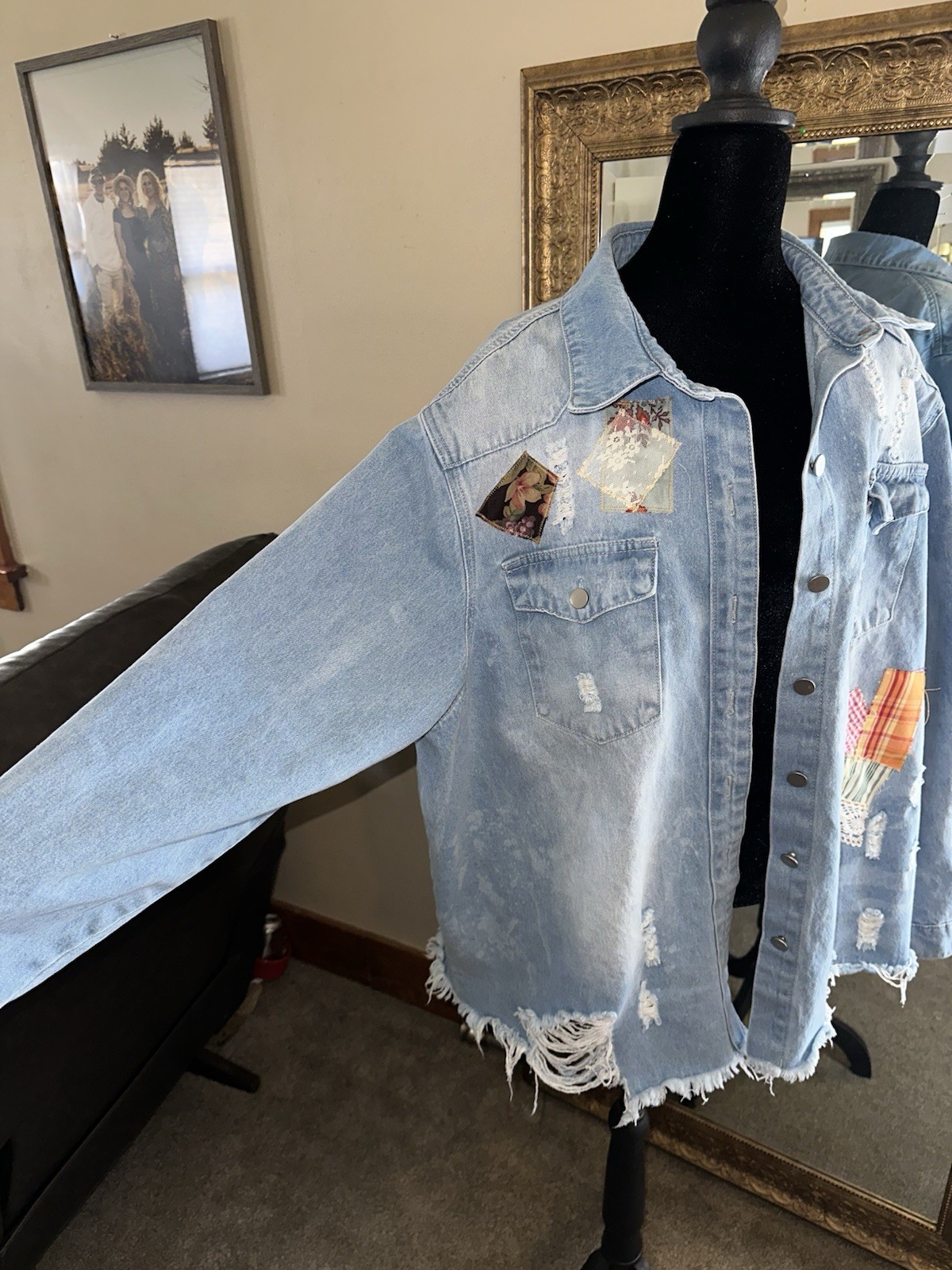 Upcycled Patchwork Appliqué Distressed Denim Jack… - image 8