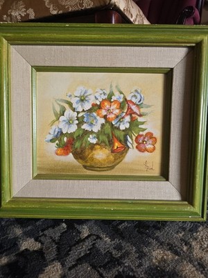 VINTAGE Ariel Original Oil Painting Floral Still Life Mid-Century Green Frame LA