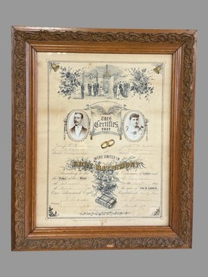 Antique Oak Framed Marriage Certificate From the Late 1890s