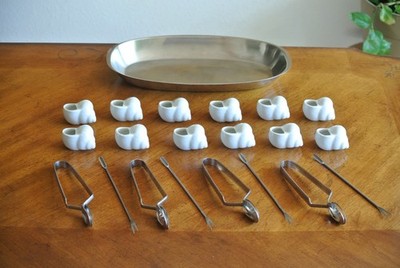 Escargot Lot 12 White Ceramic Escargot Snail Shell Pots 4 Forks (Italy) 4 Tongs