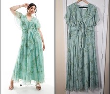 Asos Design Chiffon Fairy Sleeve Maxi Dress in Green Base Floral Print US Sz 14
