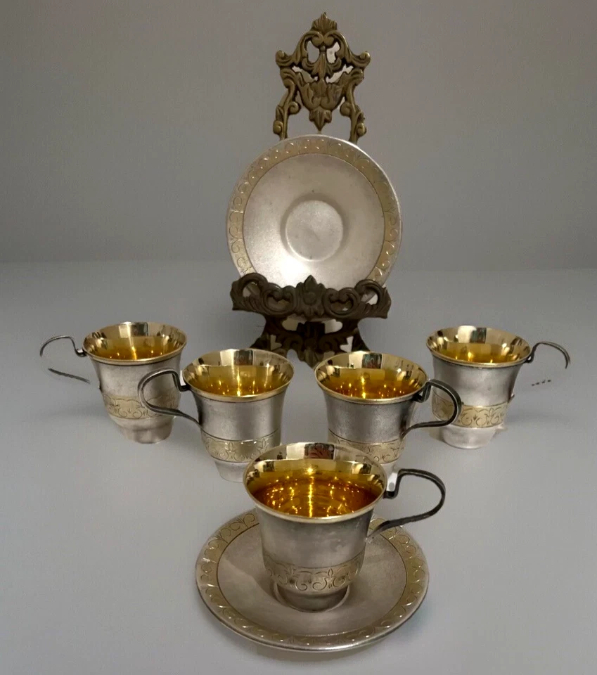 Antique Russian Silver 810 MMET GOLD Plated inside Coffee Cup & Saucer Set of 5 - Image 2 of 4