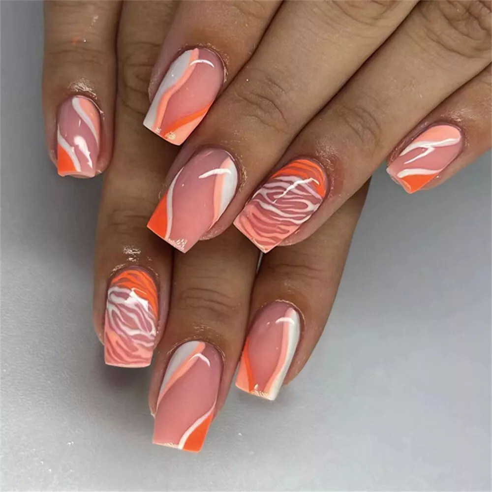 Autumn Orange Waves False Nail Medium Square Press on Nails for