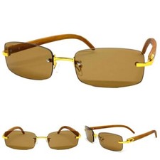 Men Classic Elegant RETRO Hip Hop Style SUN GLASSES Rimless Gold Faux Wood Frame