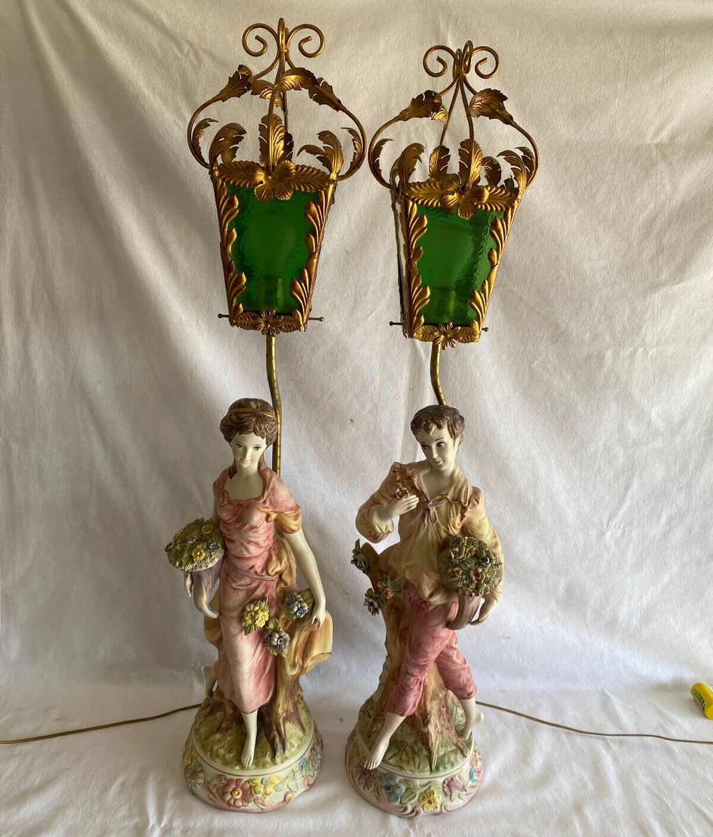 Antique C. 1960 Azzolin Brothers Large Capodimonte Table Lamps