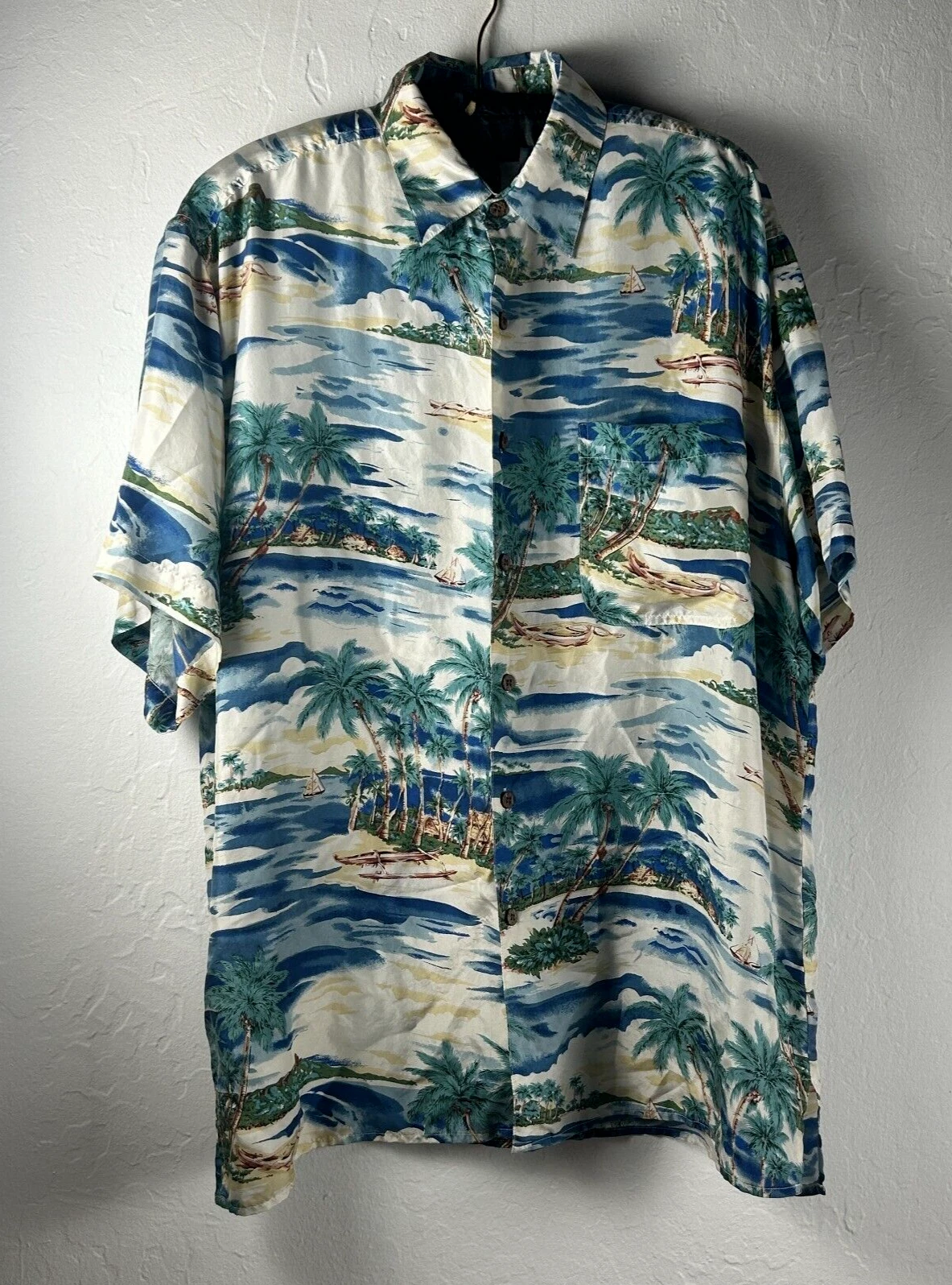 Silk Icon Shirt Men Large Button Up Short Sleeve Hawaiian Tropical Pocket Casual