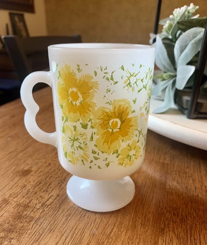 Anchor Hocking Vintage Milk Glass Footed Mug with Yellow Flowers.