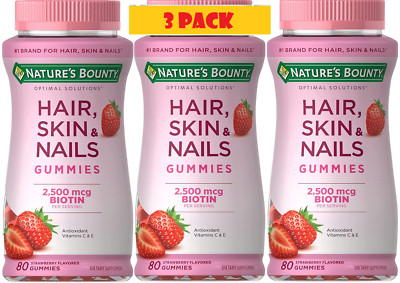 3 Pack Hair Skin & Nails 240 Gummies (3x80) with Biotin Vitamin C + Vit. E, NEW