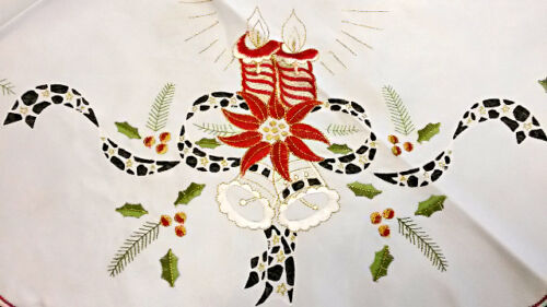 51'' Round White Embroidered Christmas Red Poinsettia Polyester Tablecloth - Picture 2 of 6