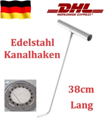 MARKENLOS 1-2x Schachthaken Edelstahl Kanalhaken Schachtdeckelhaken Kanaldeckelheber 38cm
