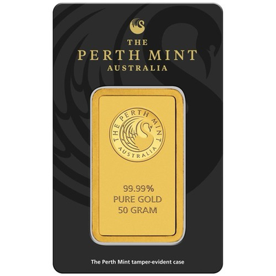 #ad 50 gram Gold Bar Perth Mint 99.99 Fine in Assay $7250.00