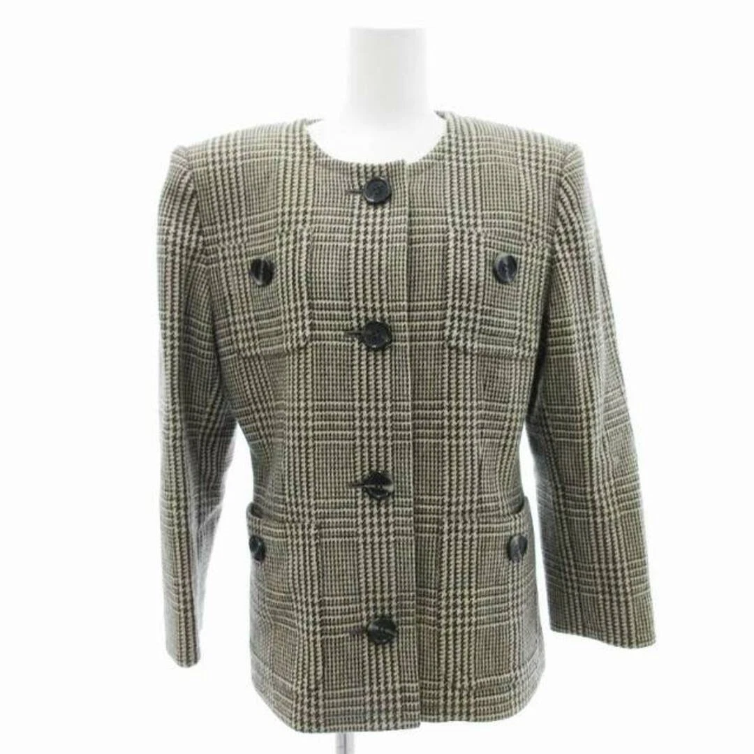 Givenchy giacca vintage senza colletto pied de poule bottoni lana 8 beige JS usata c8