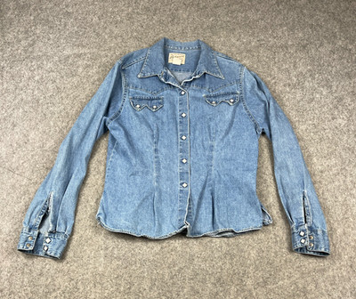 VTG Rockmount Ranch Wear Denim Western Shirt Womens Small Pearlsnap Sawtooth USA