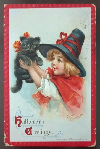 Hallowe'en Greetings, Girl/Black Kitten, Frances Brundage - 1911, Rough Edges
