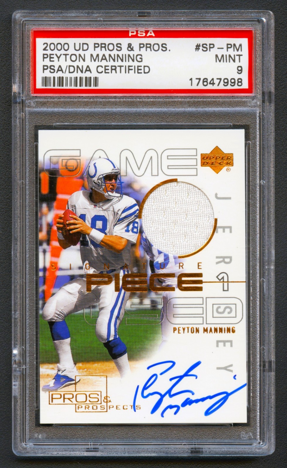 PEYTON MANNING 2000 UPPER DECK PROS PROSPECTS SIGNATURE PIECE JERSEY AUTO PSA 9