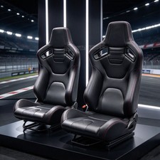 Universal Pair Reclinable Adjust Racing Seats Black Pvc Red Stitch W 2 Slider Universal Pair Reclinable Adjust Racing Seats Black Pvc Red Stitch W 2 Slider