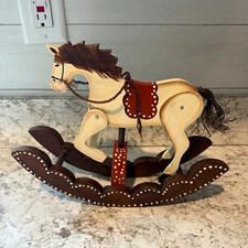 Vintage Wooden Rocking Horse Toy Figure, Brown Saddle, Polka Dot Trim