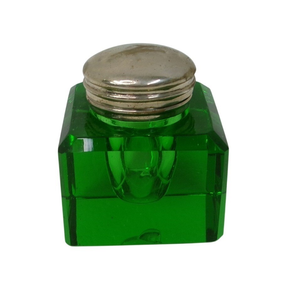 Vintage Emerald Green Glass Deco Inkwell with Silver Hinged Lid