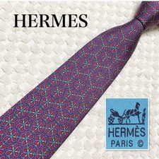 Hermes Silk Tie Bordeaux Green Blue Clover Hardware All Over Pattern Used