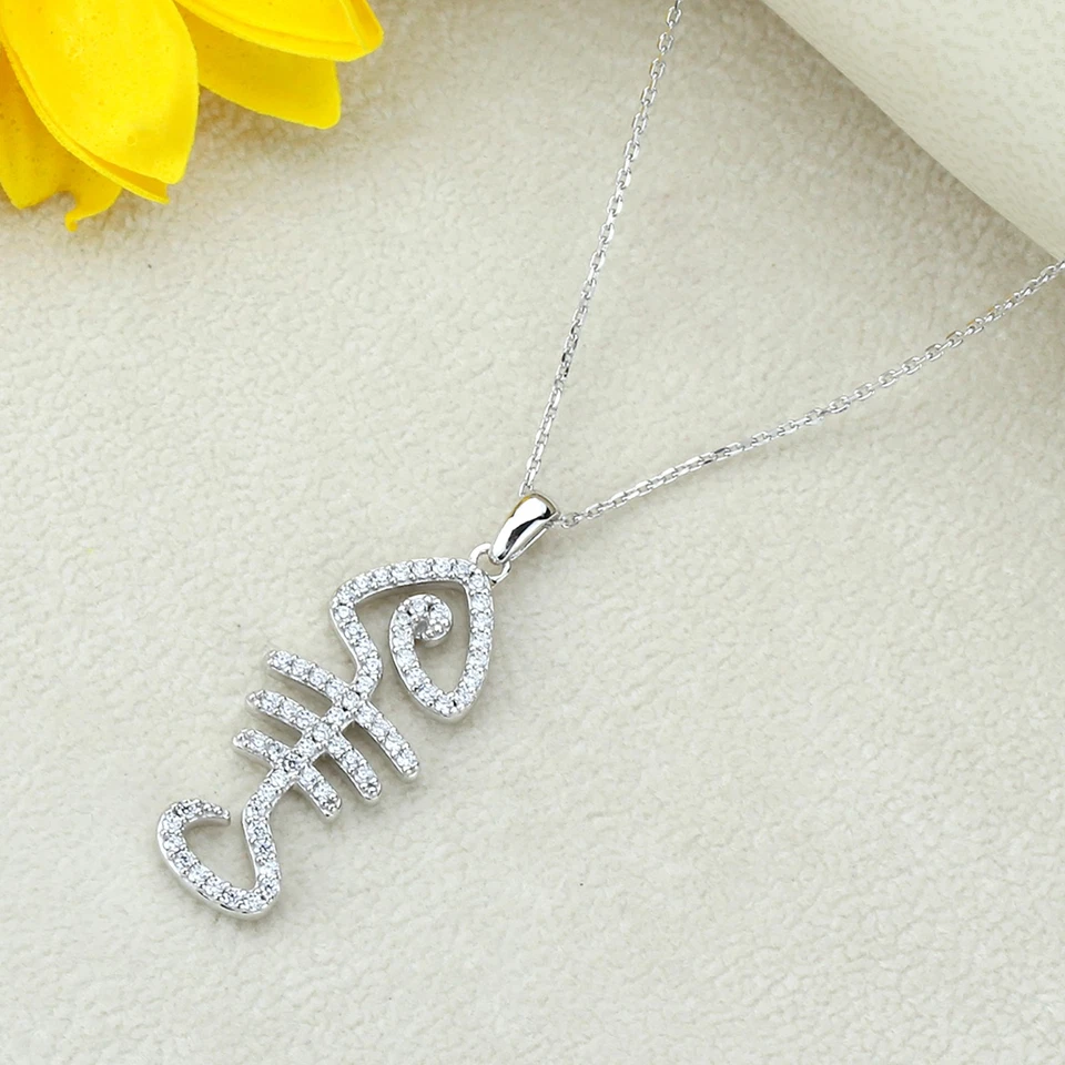 Collar colgante de hueso de pez conjunto de pavé de circonita cúbica enchapado en platino de 16"+2" Foto 3 de 4