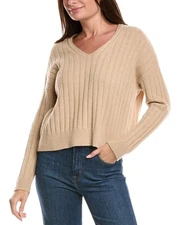 The Cashmere Project Wide Rib Cropped V-Neck Cashmere Sweater Women's Beige Xl