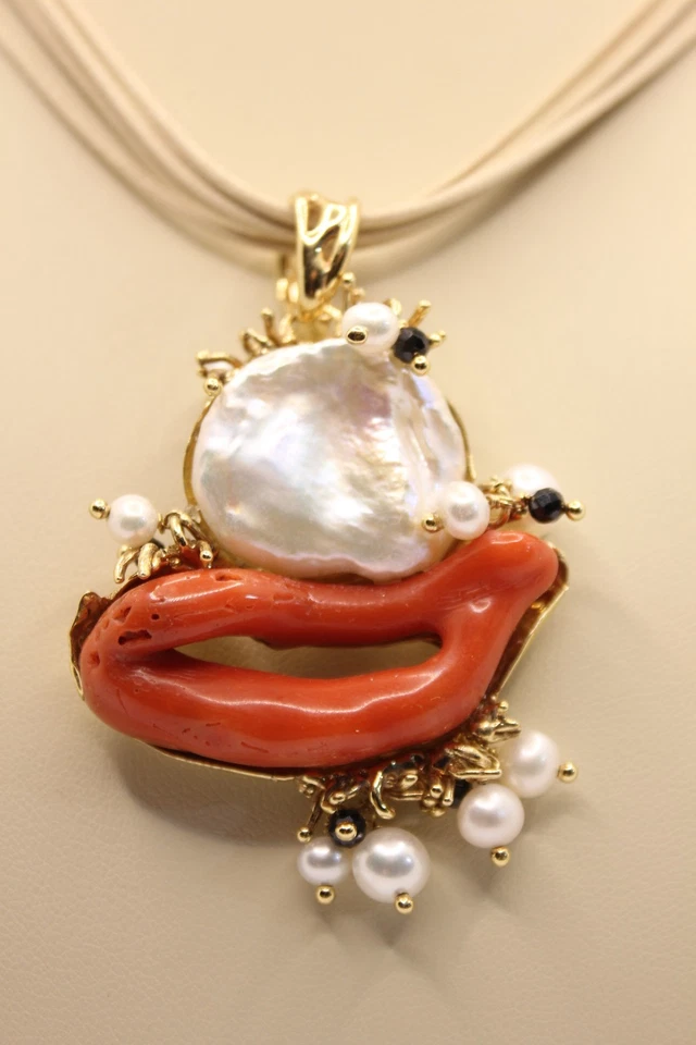 CIONDOLO ARGENTO CORALLO ROSSO E PERLA SCARAMAZZA COLLANA CM 45 ARTIGIANALE - Immagine 4 di 4