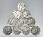 Mercury Dimes 90% Silver - LOT OF 10 - Circulated Random Years -0986