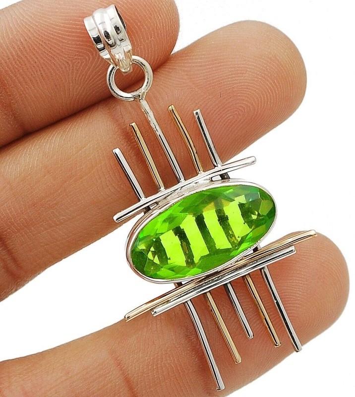 Two Tone 6CT Natural Peridot 925 Sterling Silver Pendant Jewelry 2" Long @9-1