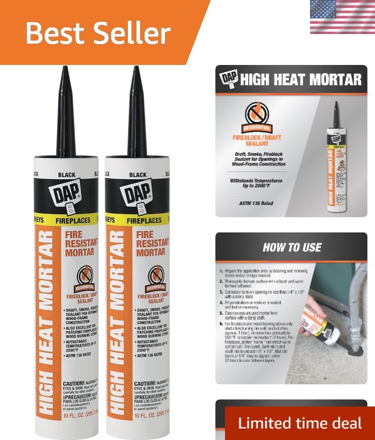 High Heat Fire Resistant Mortar, 10 Oz Pack of 2 - Ideal for Fireplace Repair