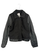 ONLY Damen Jacke Gr. 38/M Schwarz Bouclé Lederärmel Nieten