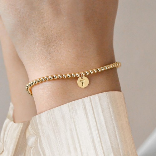 Gold Initial Bracelets for Women Jewelry - 18K Gold Plated Beaded Letter T Initi - Picture 2 of 7