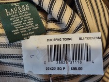 NWT NEW 95 Ralph Lauren 100 -Cotton Pillow Sham Black/Cream 22"X22" Fringe L K
