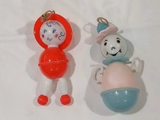 2 Vintage Celluloid Rattle Crib Toy Girl Doll Blue NOS 1950s