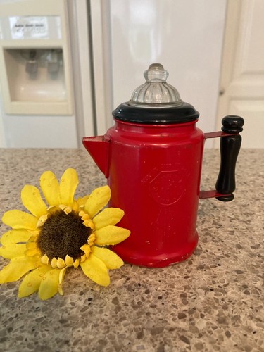 VTG CHILD’S RED TOY TIN METAL COFFEE POT HICKORY DICKORY DOCK NURSERY RHYME