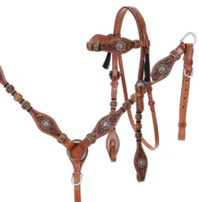 Western Horse Tooled Leather + Rawhide Tack Set Bridle + Breast Collar