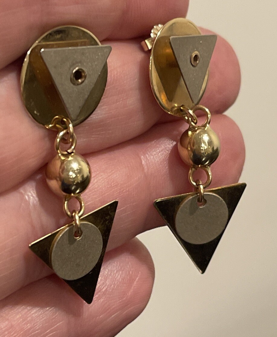 14K Solid Yellow & White Gold Dangle Earrings Geo… - image 4