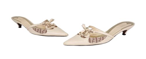 FENDI Ivory Leather Pointed Toe Bow Detail Mules 37.5 / 7.5 - Picture 2 of 11