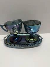 Vintage Carnival Glass Creamer, Sugar Bowl, and Tray Set - Grape & Leaf Design