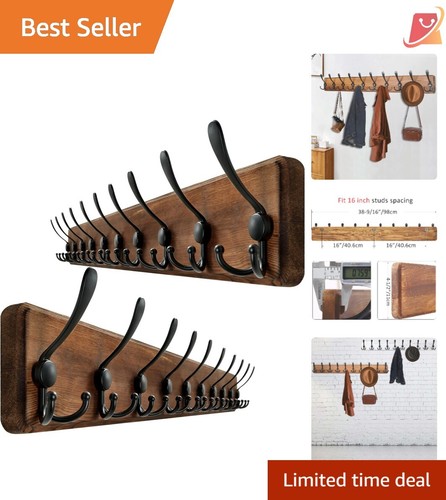 Wall Mounted Wooden Coat Rack 98cm 10 Heavy Duty Hooks for Entryway Pack of 2