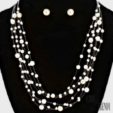 FLOATING OFF WHITE PEARL BRIDAL BRIDESMAID PROM FASHION NECKLACE JEWELRY SET 