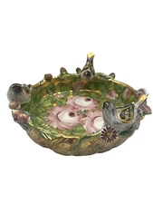 Italian Ceramic Centerpiece Figural Birds Birdbath Hand Painted Gilt Vintage
