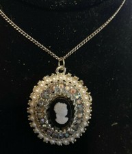 Vintage Silver Tone Rhinestone Cameo Lady Necklace