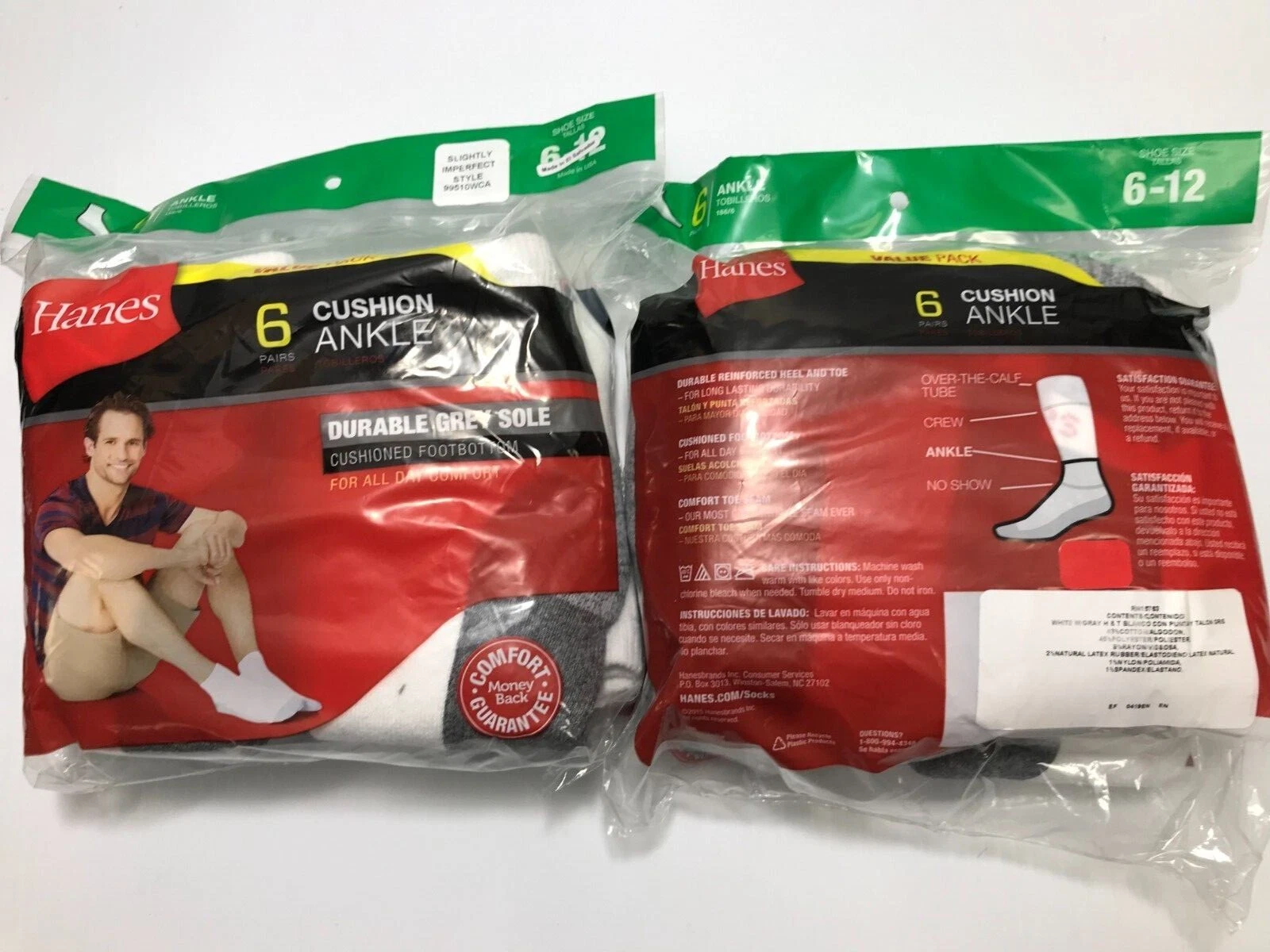 Hanes Men's Cushion Ankle Socks, White, Shoe Size 6-12, 12 pair (2 packs of 6)