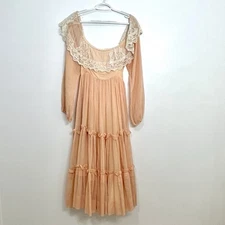 Gunne Sax Prairie Dress Sz 7 Maxi Peach Cottage Boho Gauzy Semi Sheer Lined 70s