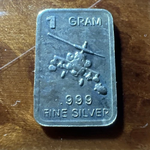 Rare Apache Helicopter 1 Gram .999 Fine Silver Bar - Dark Sunset Toning!