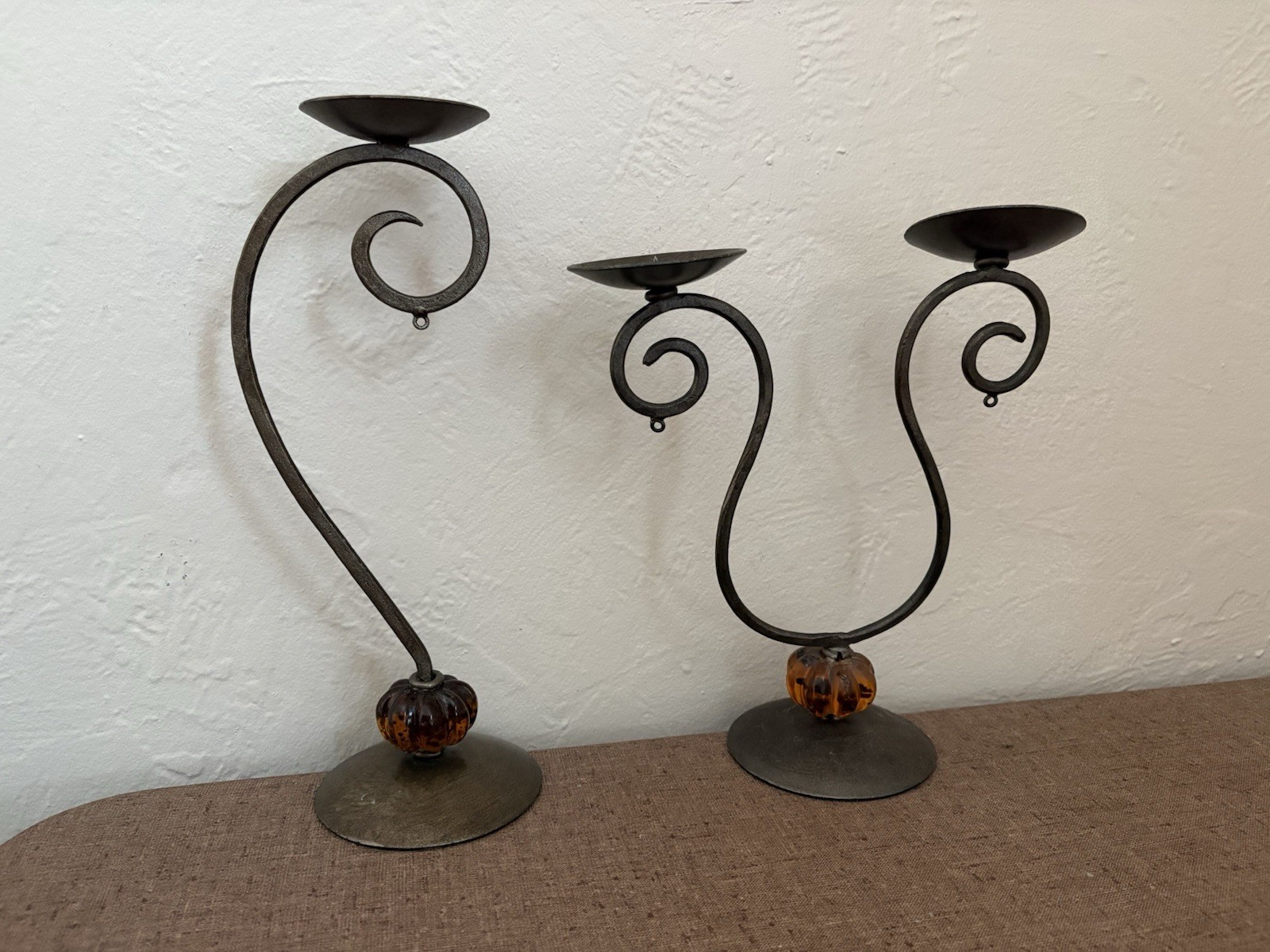 Wrought Iron Set Of 2 Orange Acrylic Base 12&rdquo; High