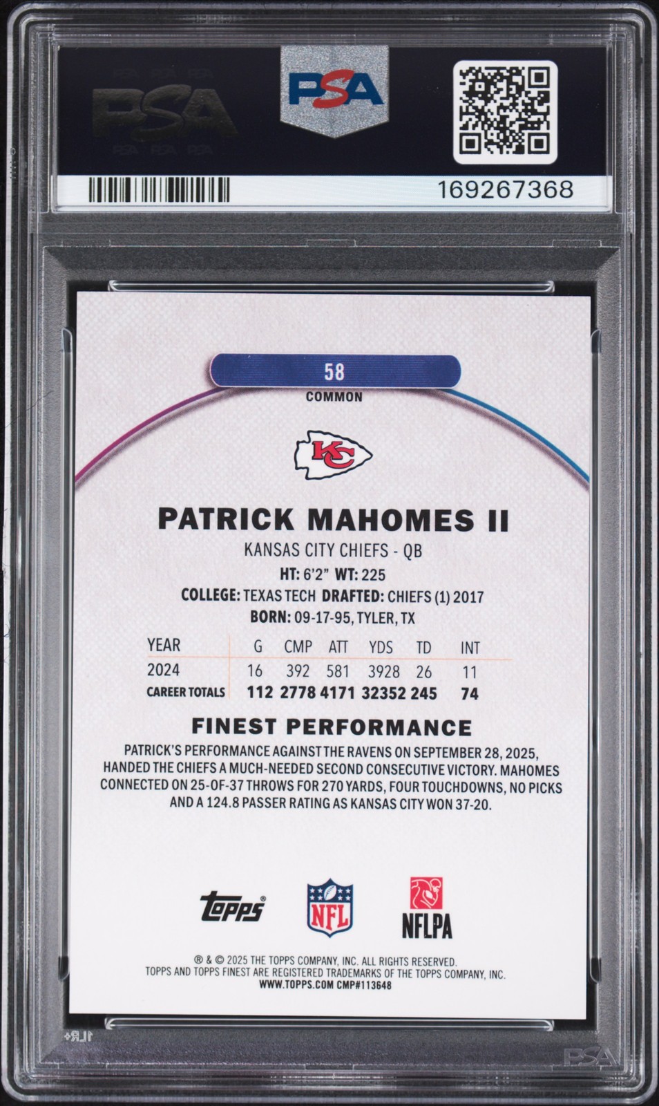 2025 TOPPS FINEST PURPLE GEOMETRIC #58 PATRICK MAHOMES II 73/150 PSA 9 view 2
