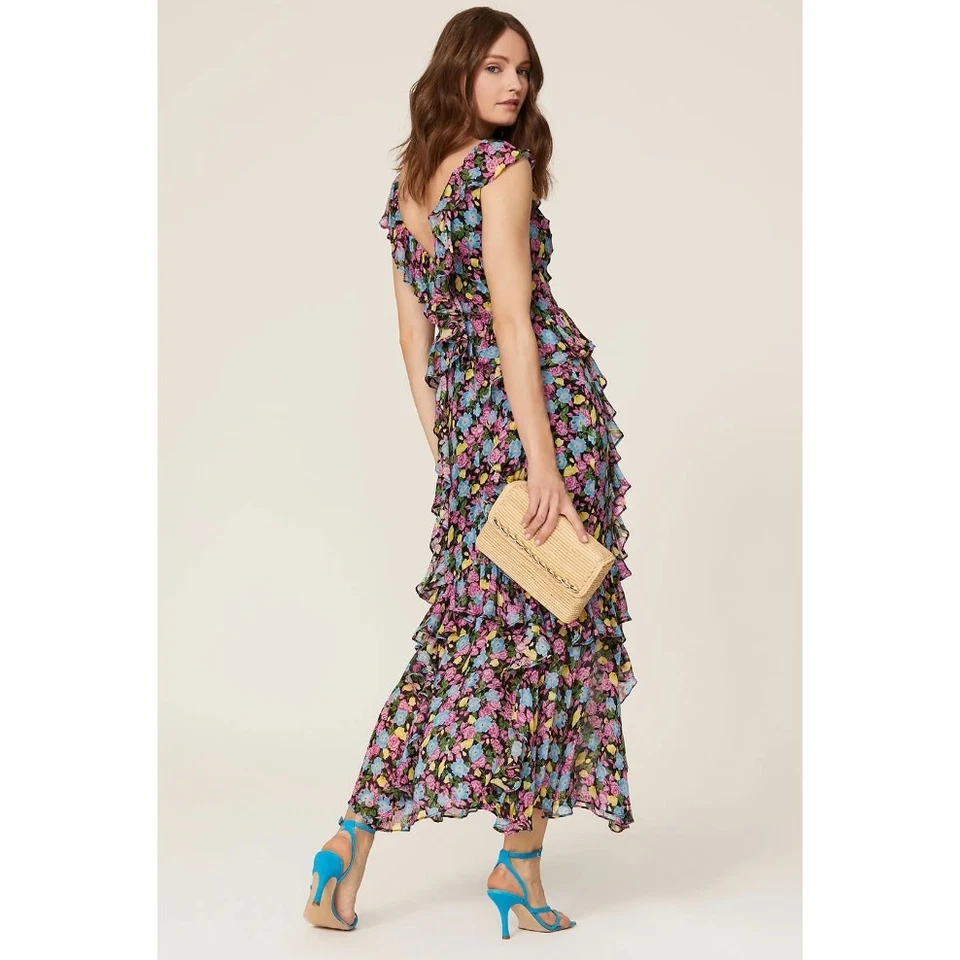 Amur Dress Women 2 Black Pink Blue Evita Maxi Floral Print Chiffon V Neck Ruffle - Image 4 of 4