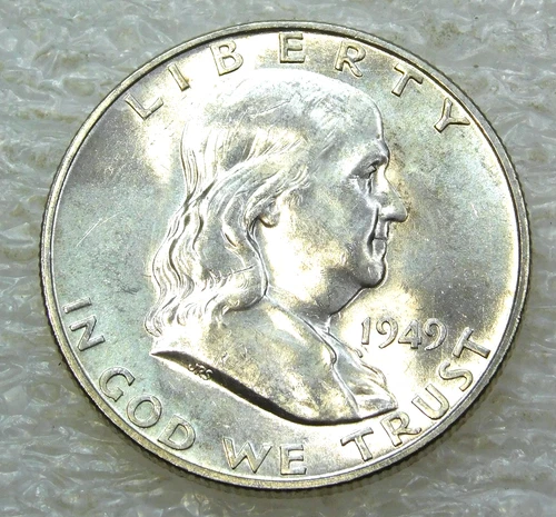 1949 D Franklin Half Dollar BU 95% FBL Frosty White Luster in saflip #N338